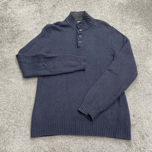 Old Navy 1/4 Button Up Pullover Sweater Mens Medium Navy Blue Wool Blend Mock - Picture 1 of 12